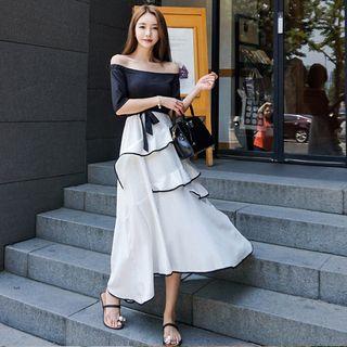 Elbow Sleeve Off-shoulder Tie-waist Frilled Trim Maxi Dress