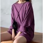 Plain Long-sleeve T-shirt Purple - One Size