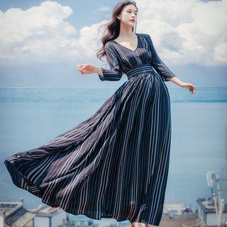 Striped 3/4-sleeve A-line Maxi Dress