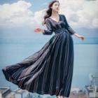 Striped 3/4-sleeve A-line Maxi Dress