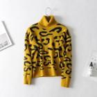 Turtleneck Leopard Pattern Sweater Yellow - One Size