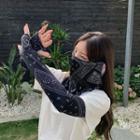 Set: Print Sun Protection Arm Sleeve + Face Mask Black - One Size