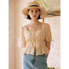 Tie-cuff Tiered Checked Blouse Beige - One Size
