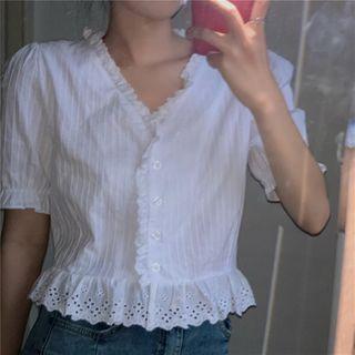 Lace-trim Puff Short-sleeve Pinstripe Blouse / Slit Skirt