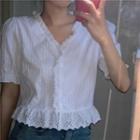 Lace-trim Puff Short-sleeve Pinstripe Blouse / Slit Skirt