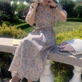 Short-sleeve Floral Print A-line Dress Tangerine - One Size