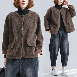 Plain Chenille Round-neck Jacket Coffee - F