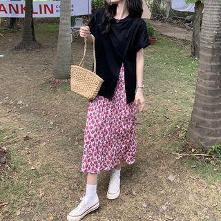 Short-sleeve Slit T-shirt / Floral Midi A-line Skirt