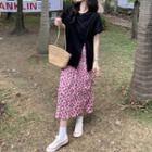 Short-sleeve Slit T-shirt / Floral Midi A-line Skirt
