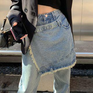Mock Two-piece High Waist Fray Hem Loose Fit Jeans