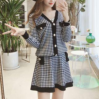 Set: Plaid Cardigan + Mini A-line Knit Skirt Black - One Size