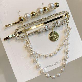 Set Of 2: Rhinestone / Faux Pearl Hair Pin Set Of 2 - White & Gold - One Size