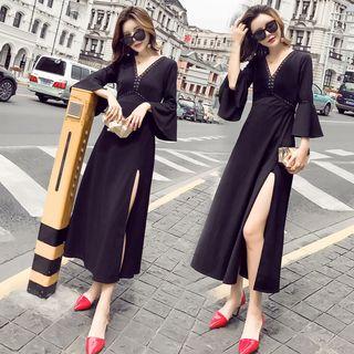 Lace Trim Flared-sleeve Midi A-line Dress