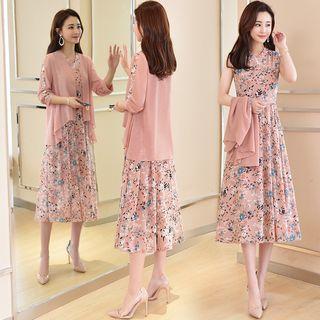 Set: Floral Print Sleeveless Midi Chiffon Dress + Chiffon Jacket