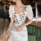 Short-sleeve Floral Embroidery Top / Skirt