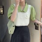 Puff-sleeve Plain Shirt / Flower Detail Vest