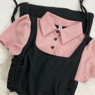 Short-sleeve Collar Mock Two-piece A-line Dress