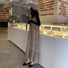 Plain Long-sleeve T-shirt / Printed Ruffle Trim Midi Spaghetti Strap Dress