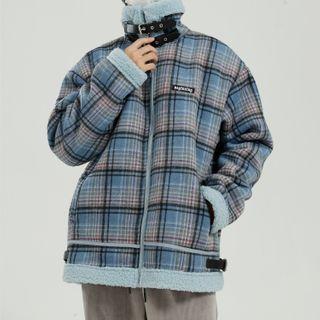 Long-sleeve Fleece Trim Plaid Jacket