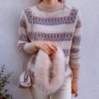 Round-neck Pattern Wool Blend Knit Top Ivory - One Size