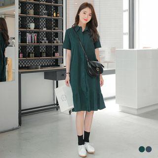 Short Sleeves Collar Ruffle Hem Shirt Dress