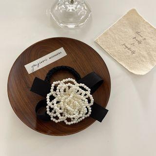 Flower Faux Pearl Ribbon Hair Tie Pearl - Black - One Size