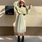 Set: Cropped Sweater + Faux Pearl Buttoned Crossbody Bag + Spaghetti Strap Midi Mesh Dress