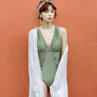 Cross Strap Open Back Swimsuit / Open Front Light Jacket / Set