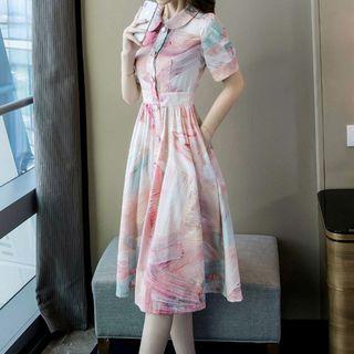 Short-sleeve Printed Buttoned A-line Dress