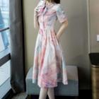 Short-sleeve Printed Buttoned A-line Dress