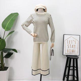 Set: Striped Knit Top + Slited Wide-leg Pants