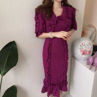 Ruffle Trim Short-sleeve Midi Bodycon Dress