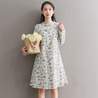 Long-sleeve Printed A-line Qipao Dress