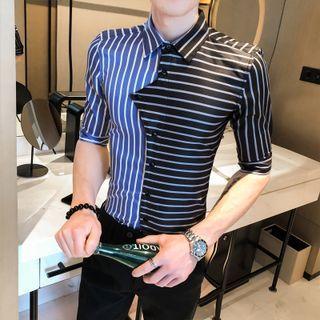 Elbow-sleeve Two Tone Striped Shirt