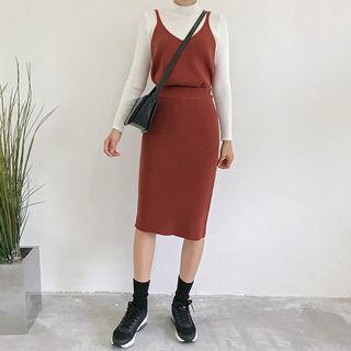 Set: Spaghetti-strap Knit Top + Midi Skirt