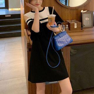 Ruffle Trim Color Block Asymmetric Shoulder Dress