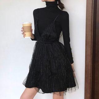 Set: Turtleneck Knit Top + Sleeveless Sequined Dress