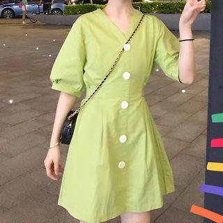 Short-sleeve Tie-waist Plain Dress