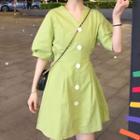 Short-sleeve Tie-waist Plain Dress