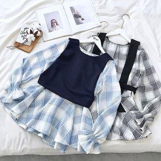 Set:color-block Plaid Crewneck Flare-sleeve Top + Plain Sleeveless Top