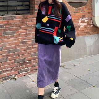 Corduroy Straight-fit Midi Skirt / Patterned Sweater