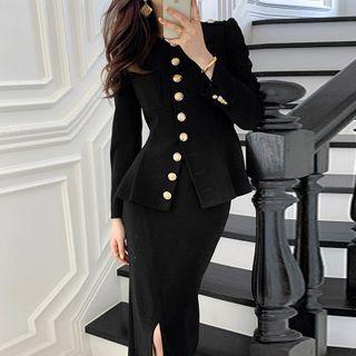 Single-breasted Jacket / Slit Midi Pencil Skirt / Turtleneck Blouse