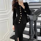 Single-breasted Jacket / Slit Midi Pencil Skirt / Turtleneck Blouse