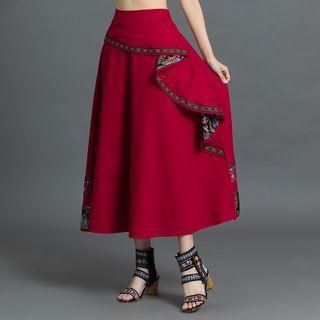 Asymmetrical Print Midi A-line Skirt Wine Red - One Size
