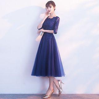 Elbow-sleeve Mesh Midi A-line Cocktail Dress