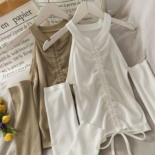 Cutout-shoulder Drawstring Halter T-shirt