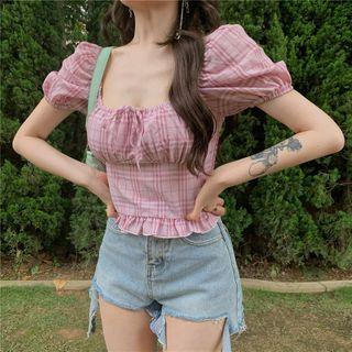 Square Neck Puff Sleeve Plaid Blouse