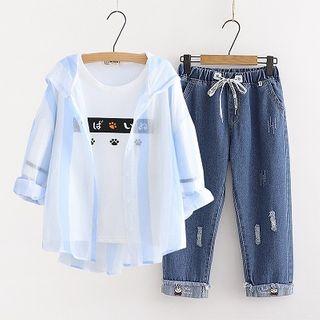 Set: Hooded Striped Shirt + Drawstring Straight-cut Jeans