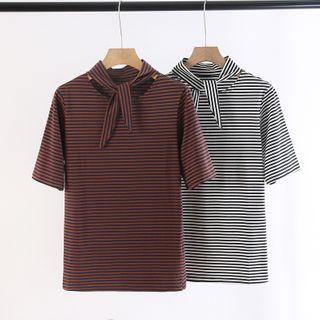 Lace Up Striped Short-sleeved Top