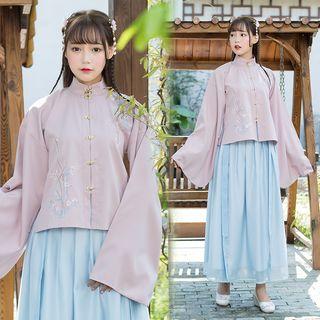 Set: Long-sleeve Embroidered Frog-buttoned Top + Maxi Skirt
